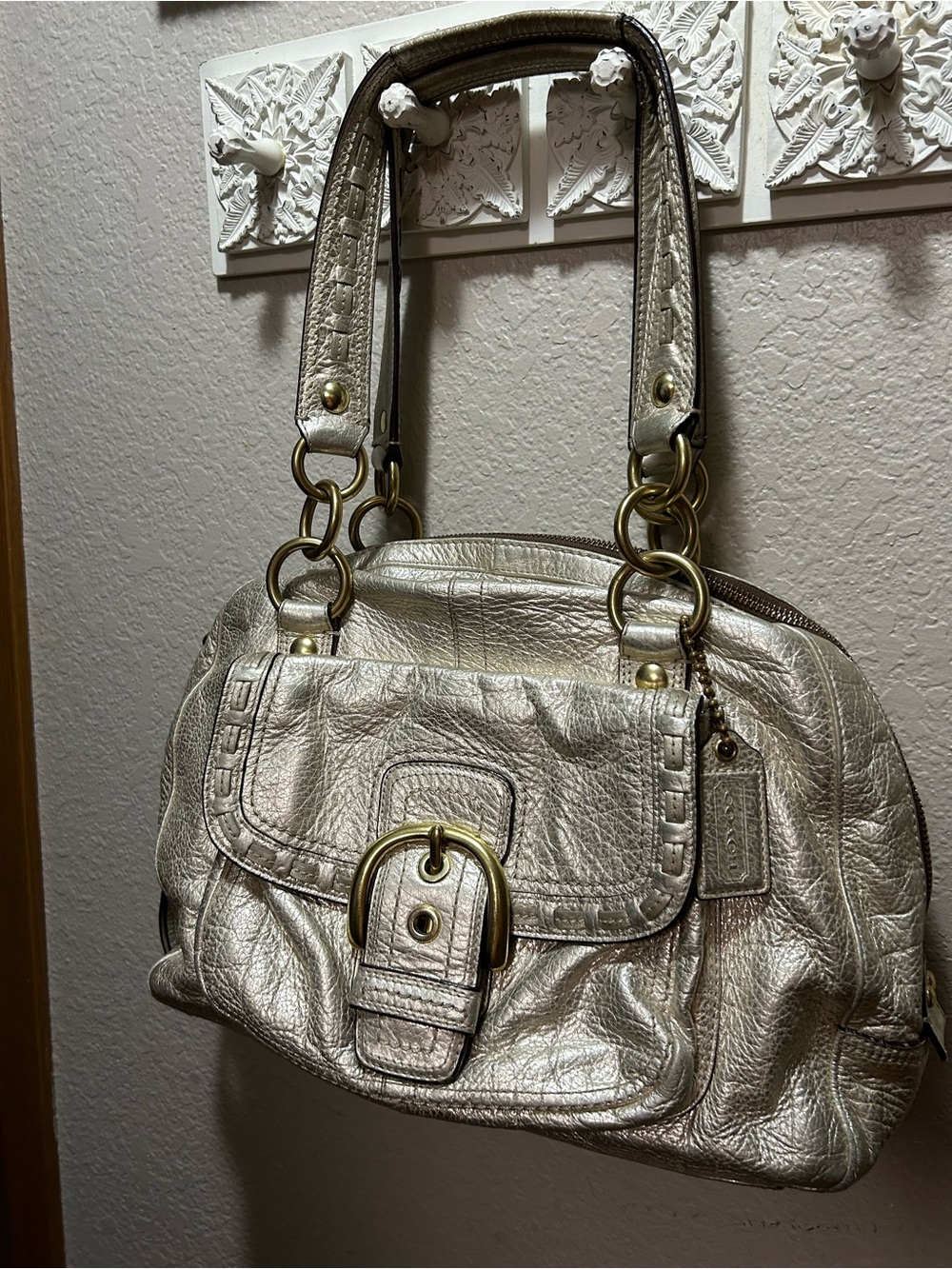 Authentic Coach Metallic Silver Leather Shoulder Bag with Brass Buckle Accents - Picture 15 of 16